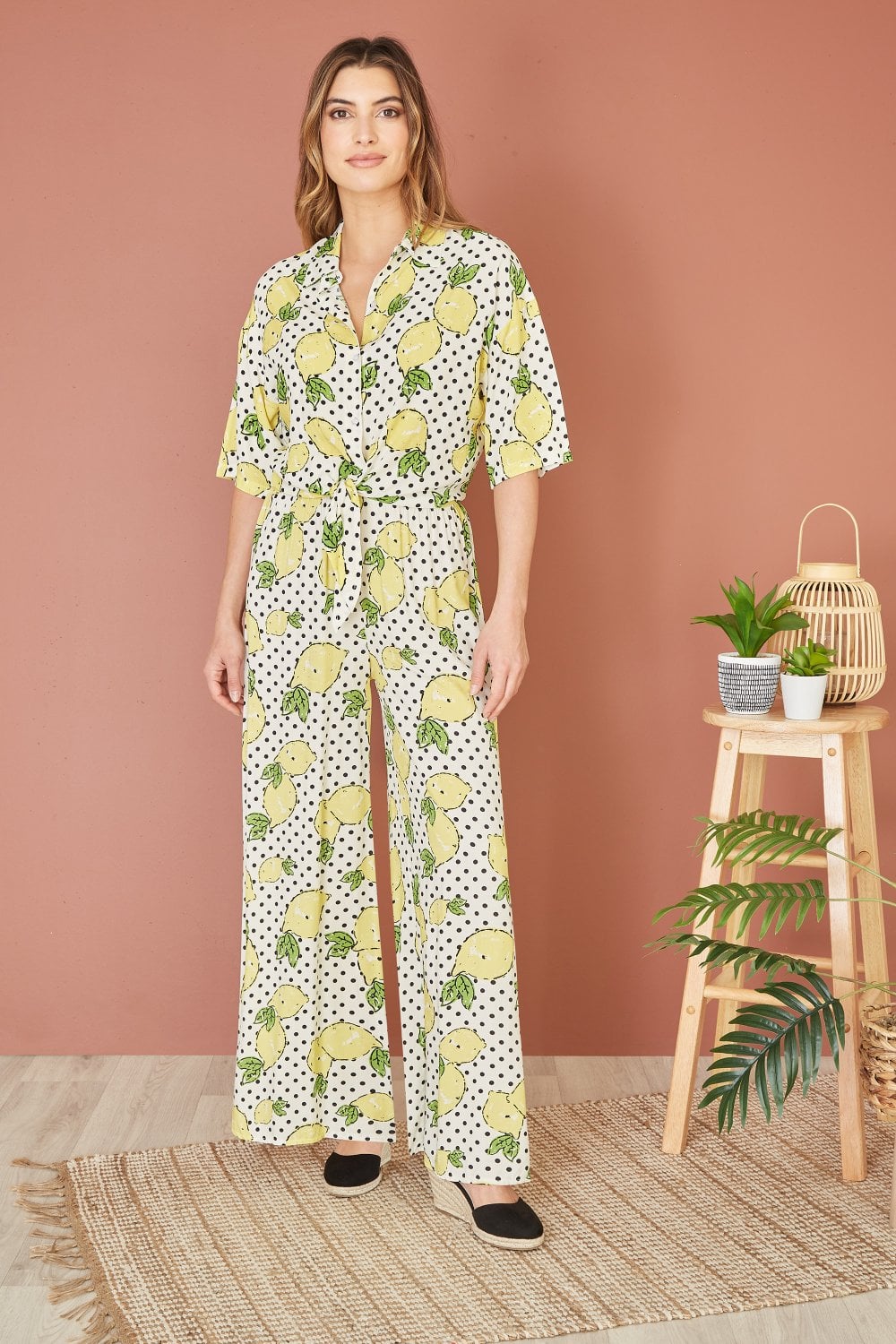 Mela White Viscose Lemon Print Relaxed Fit Trousers Yumi