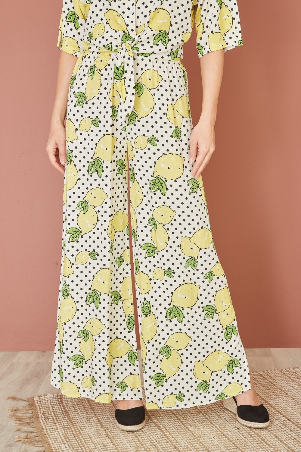 Mela White Viscose Lemon Print Relaxed Fit Trousers Yumi