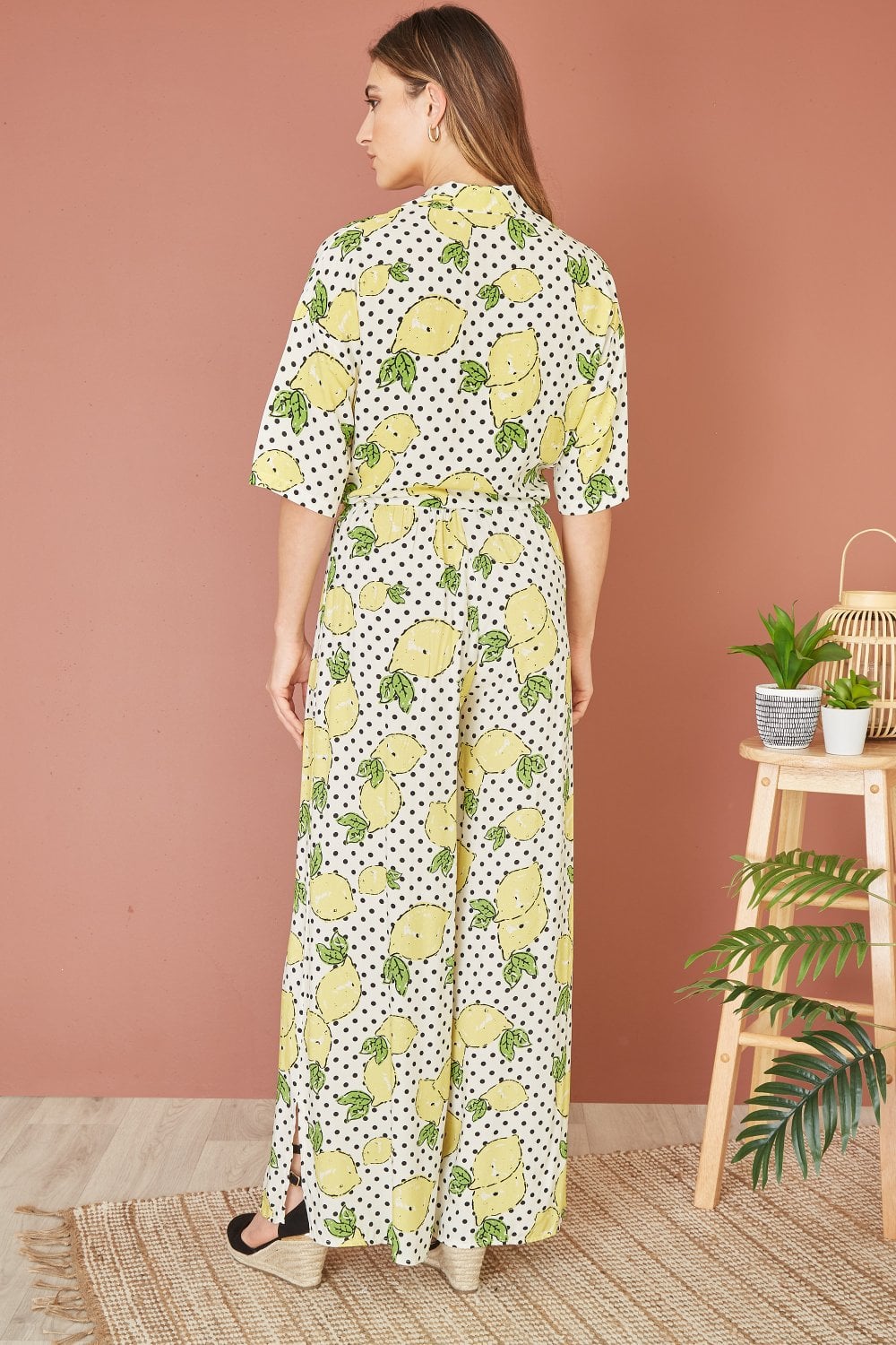 Mela White Viscose Lemon Print Relaxed Fit Trousers Yumi