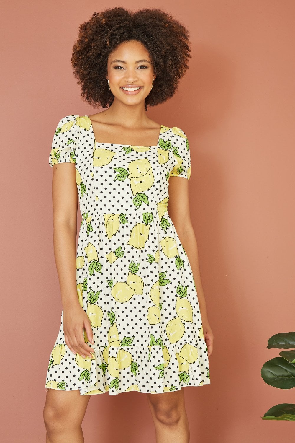 Mela White Viscose Lemon Print Skater Dress With Balloon Sleeves Mela