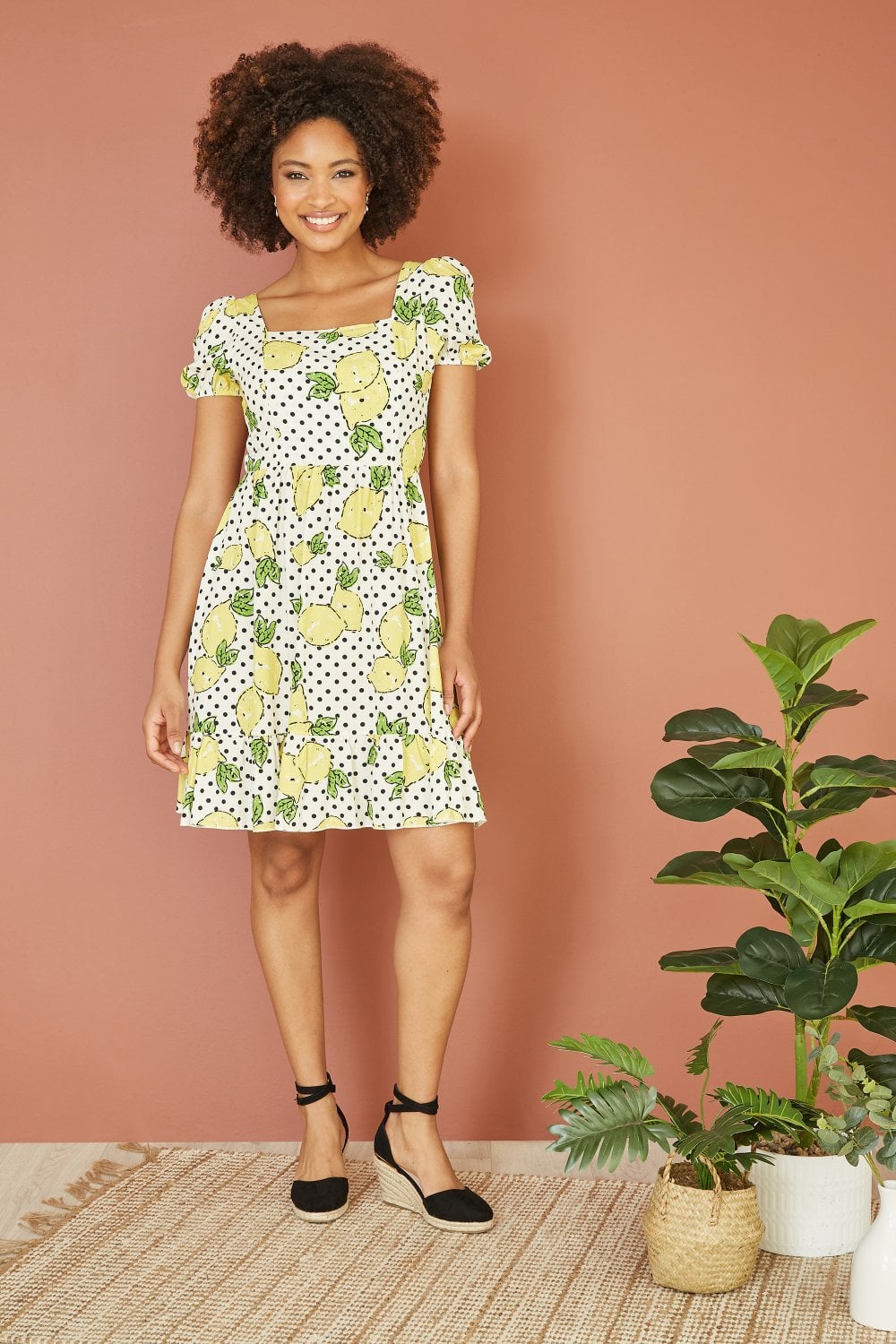 Mela White Viscose Lemon Print Skater Dress With Balloon Sleeves Mela