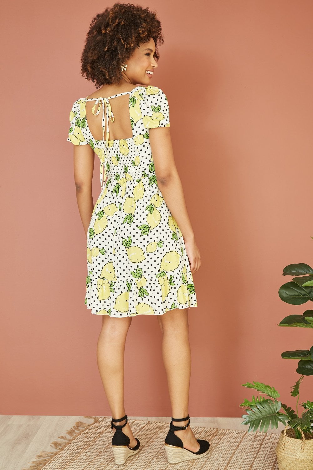 Mela White Viscose Lemon Print Skater Dress With Balloon Sleeves Mela