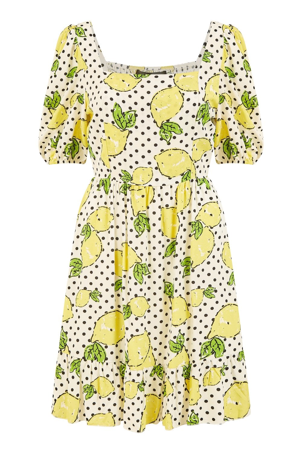 Mela White Viscose Lemon Print Skater Dress With Balloon Sleeves Mela