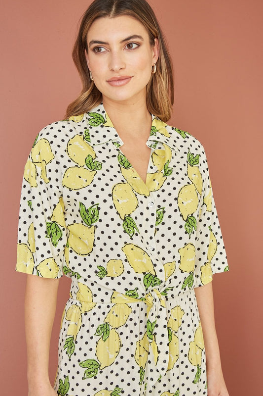 Mela White Viscose Lemon Print Tie Shirt Yumi