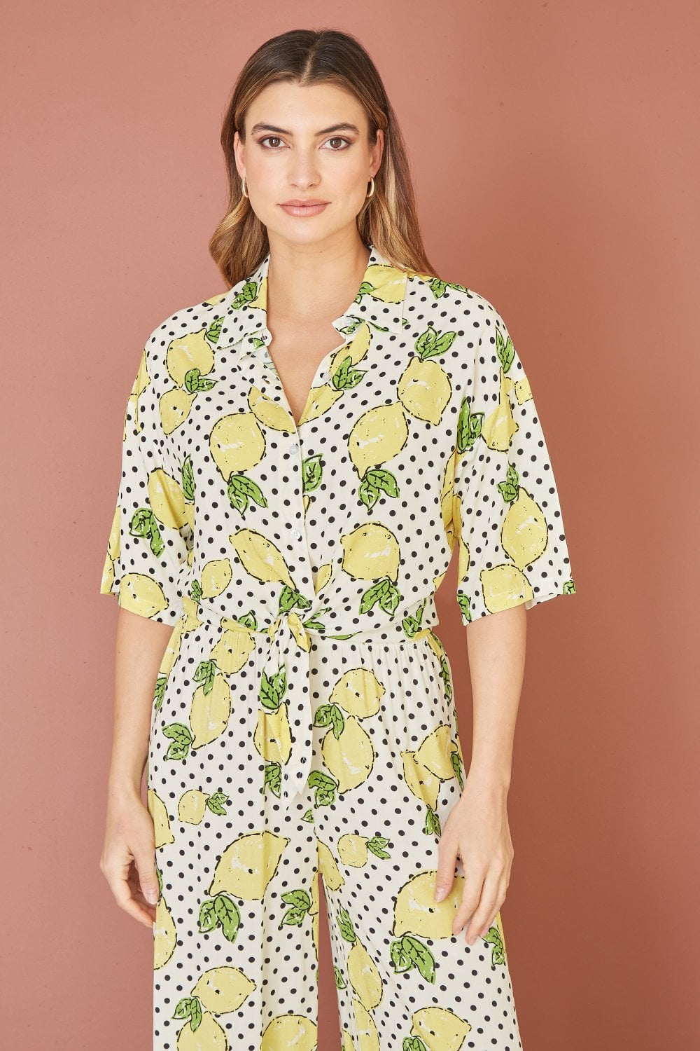 Mela White Viscose Lemon Print Tie Shirt Yumi