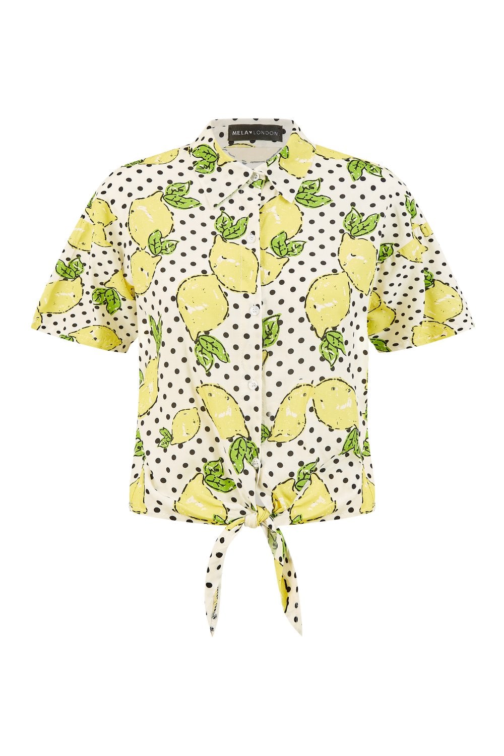 Mela White Viscose Lemon Print Tie Shirt Yumi