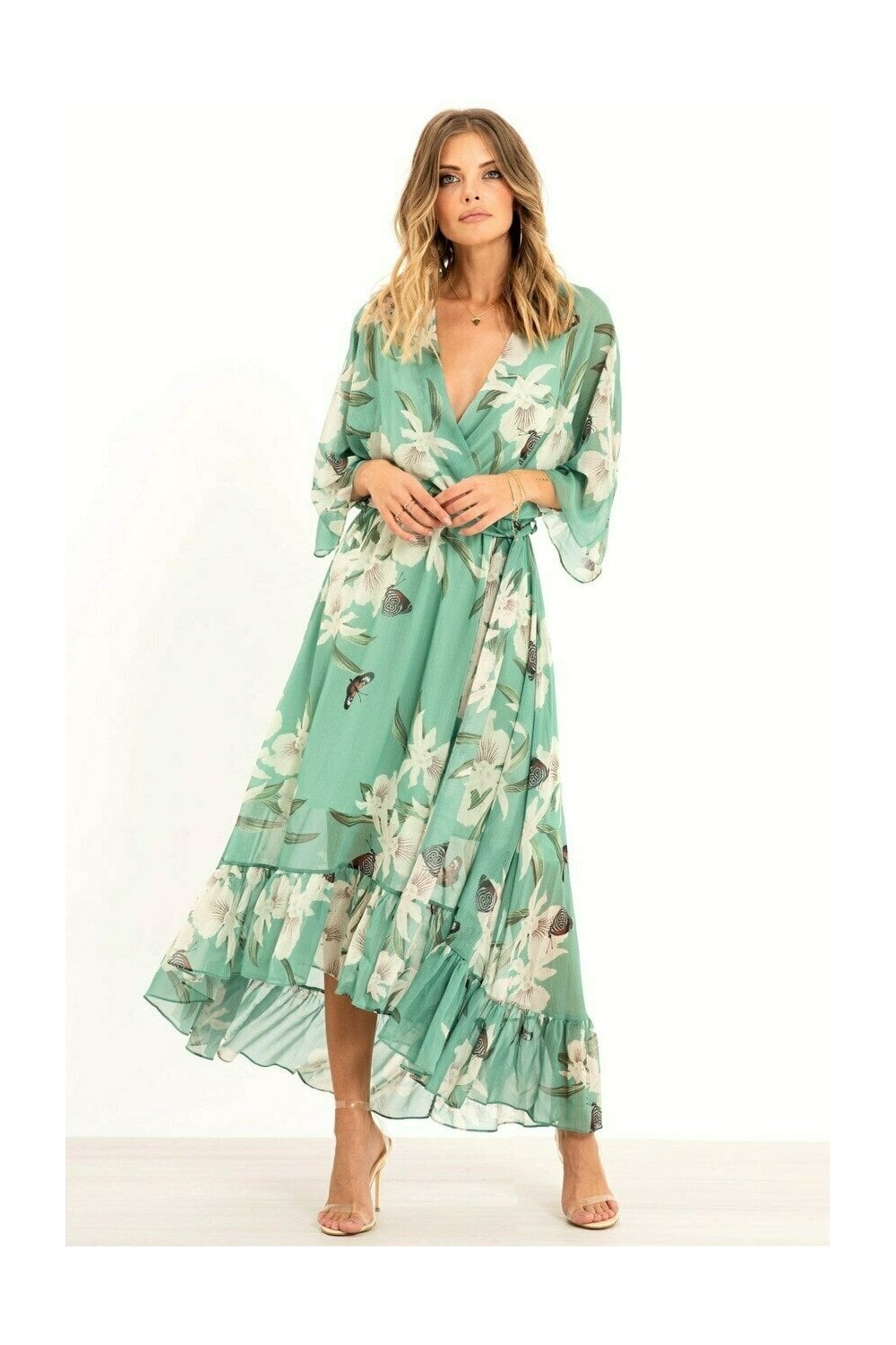 Yumi Mint Green Floral Tier Midi Dress Yumi