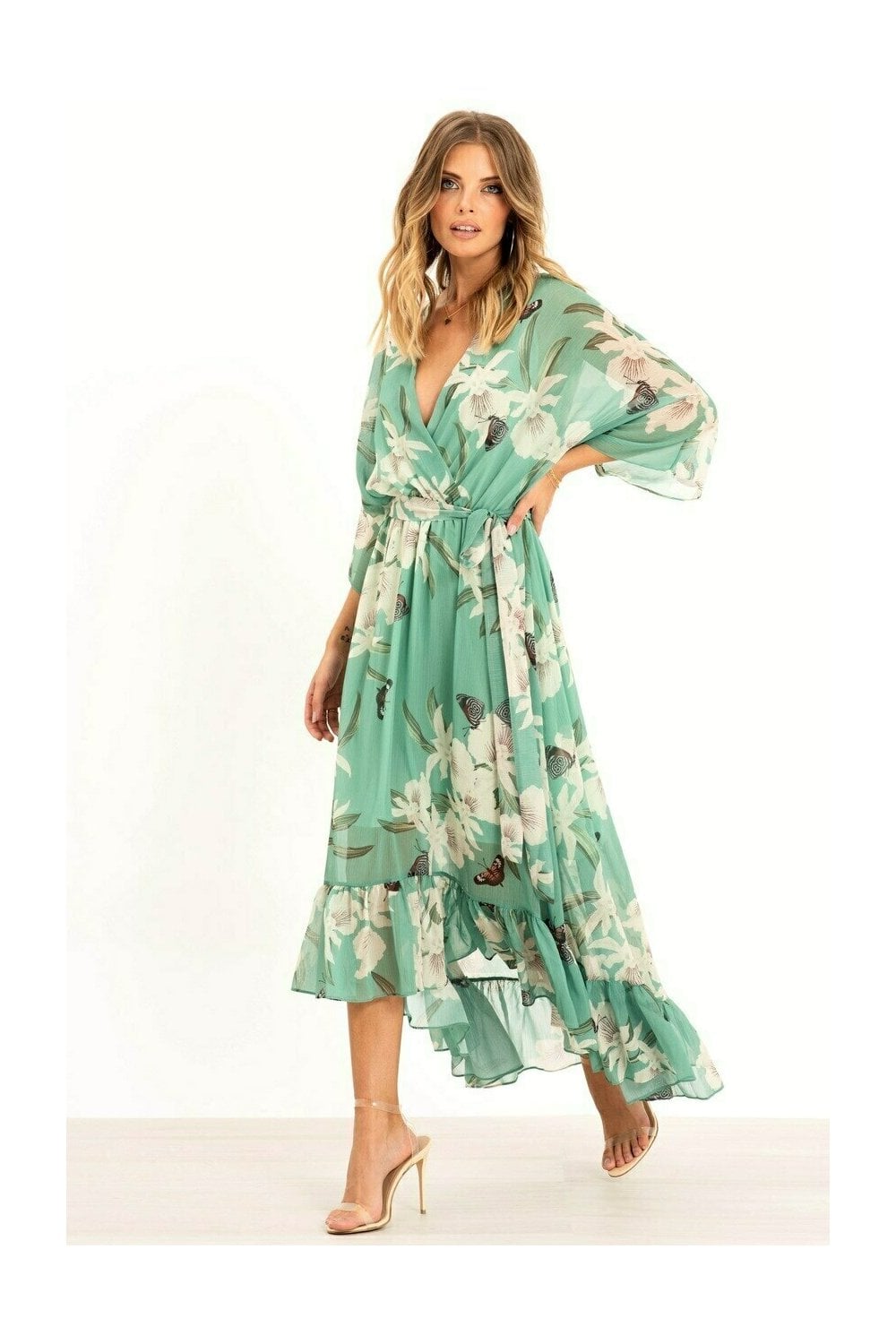 Yumi Mint Green Floral Tier Midi Dress Yumi