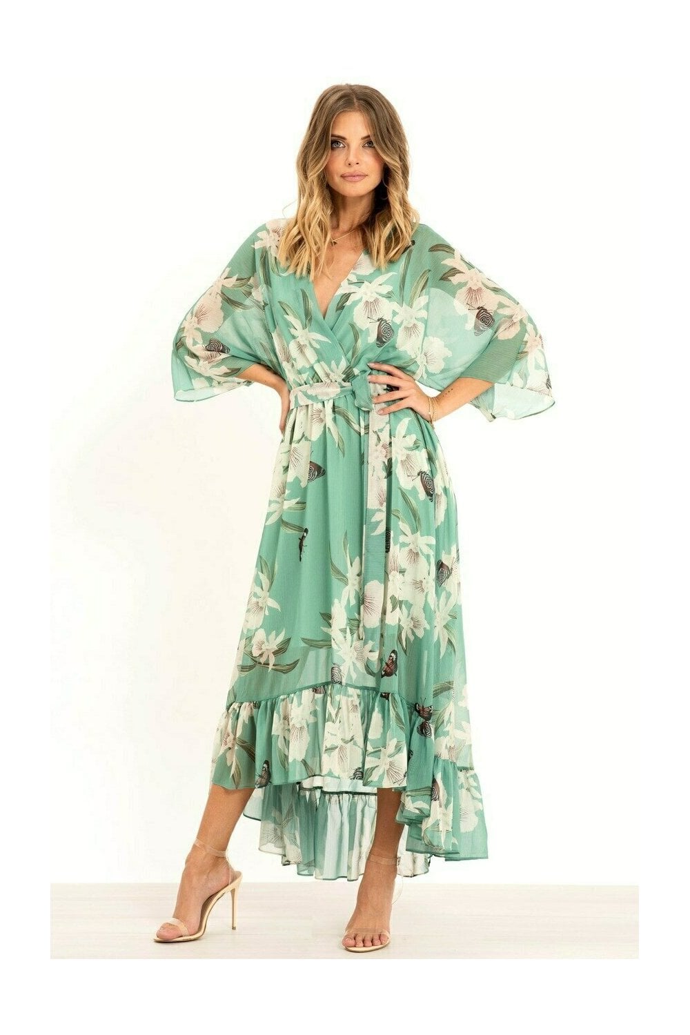 Yumi Mint Green Floral Tier Midi Dress Yumi