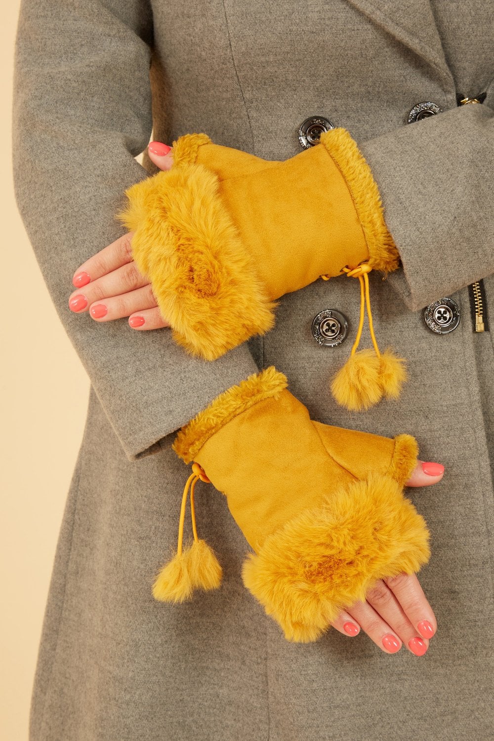 Mustard Fur Fingerless Suede Mittens Yumi