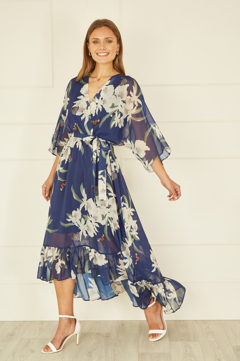 Navy Floral Kimono Sleeves Dip Hem Wrap Midi Dress Yumi