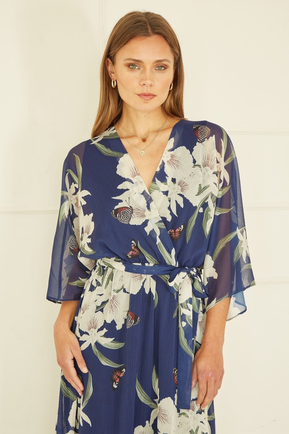 Navy Floral Kimono Sleeves Dip Hem Wrap Midi Dress Yumi