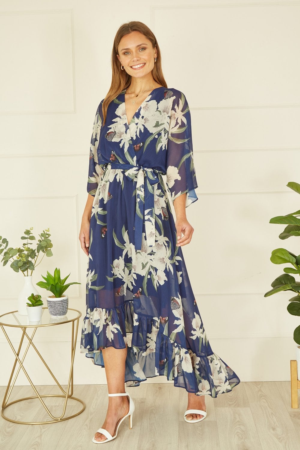 Navy Floral Kimono Sleeves Dip Hem Wrap Midi Dress Yumi