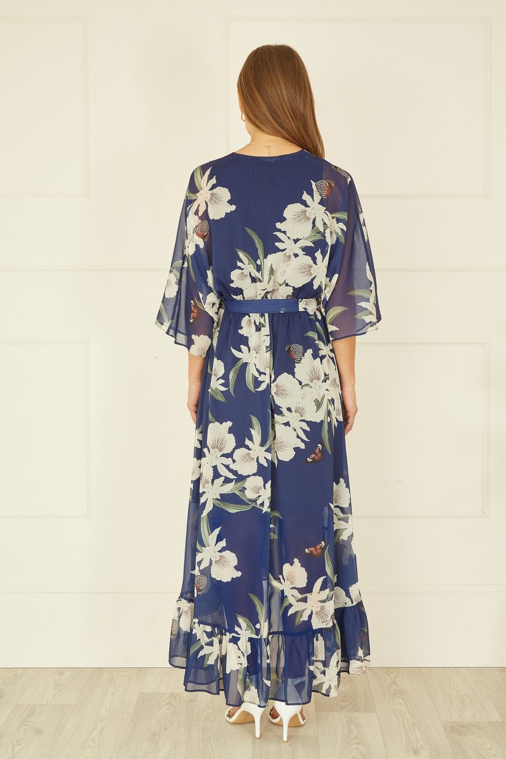 Navy Floral Kimono Sleeves Dip Hem Wrap Midi Dress Yumi