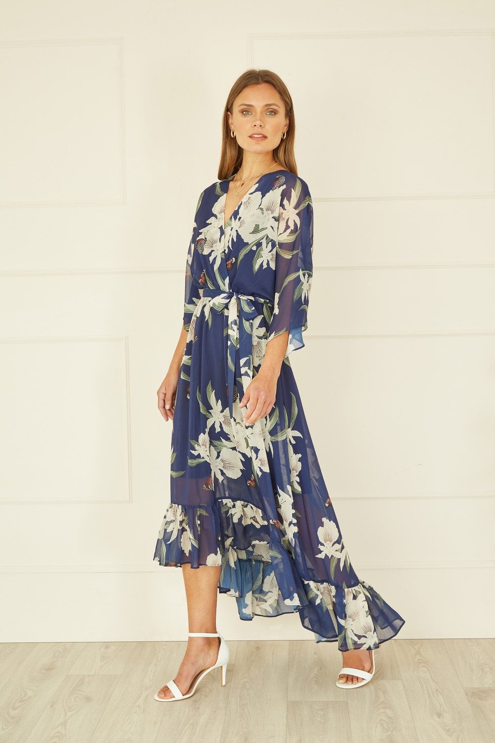 Navy Floral Kimono Sleeves Dip Hem Wrap Midi Dress Yumi