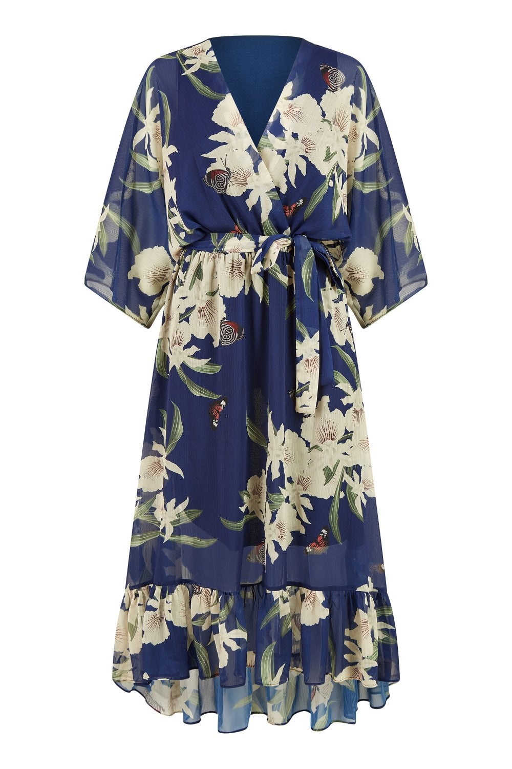 Navy Floral Kimono Sleeves Dip Hem Wrap Midi Dress Yumi