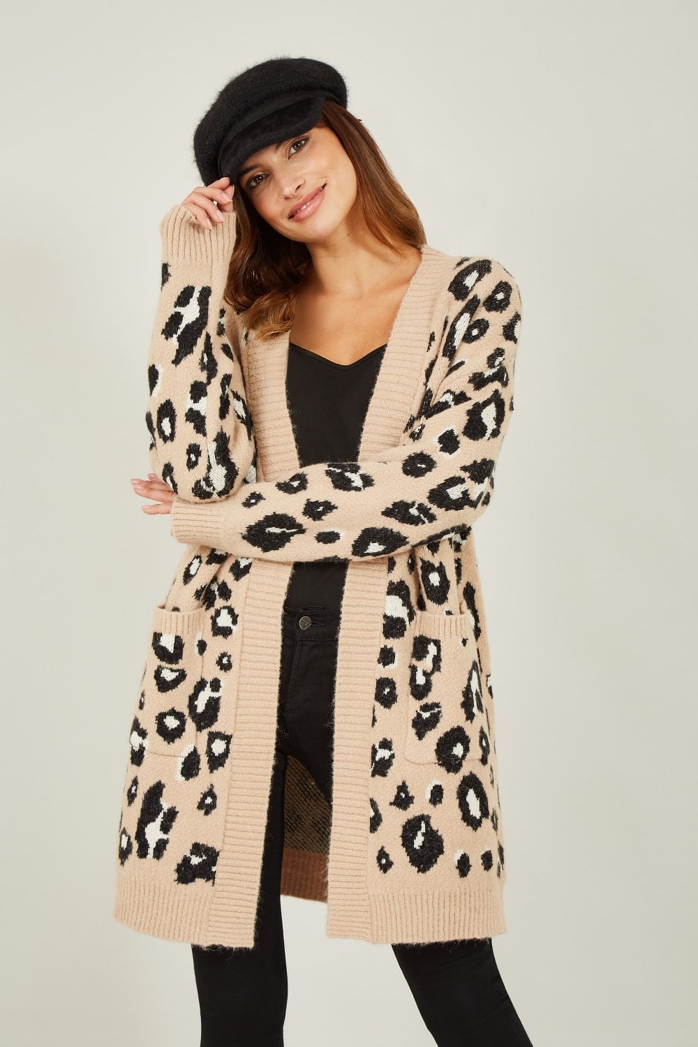 Yumi Beige Animal Intarsia Long Cardigan Yumi