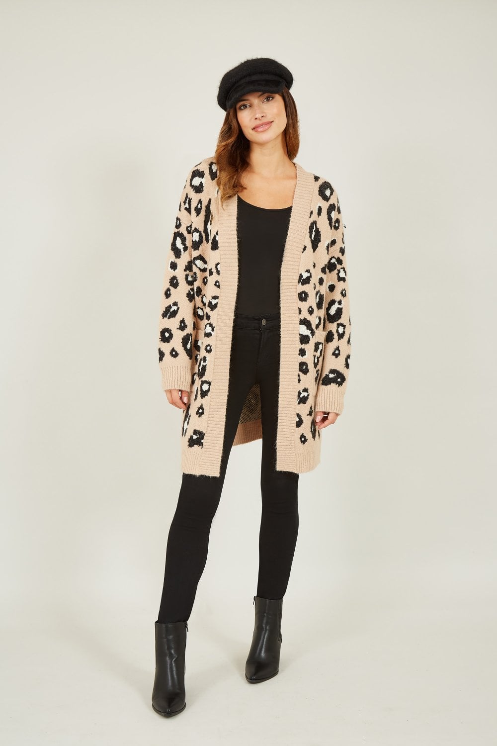 Yumi Beige Animal Intarsia Long Cardigan Yumi