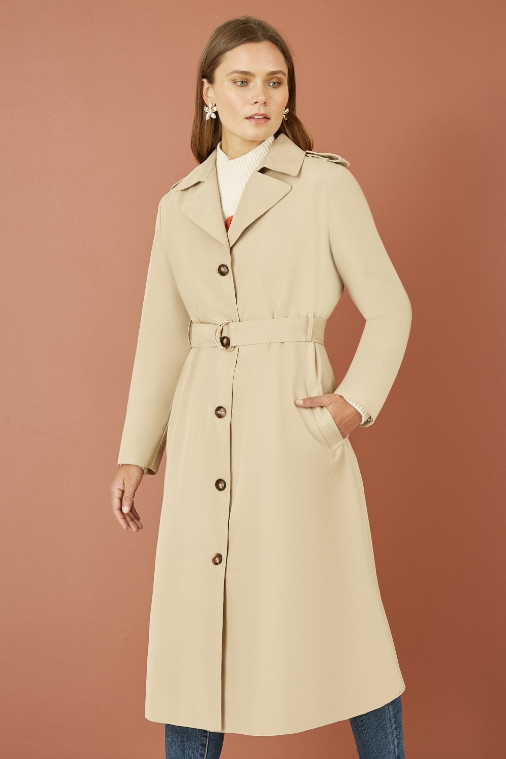 Yumi Beige Belted Long Trench Coat With Belt Yumi