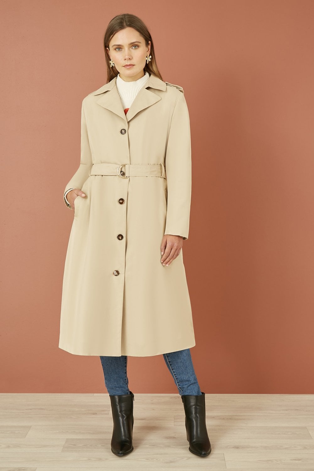 Yumi Beige Belted Long Trench Coat With Belt Yumi