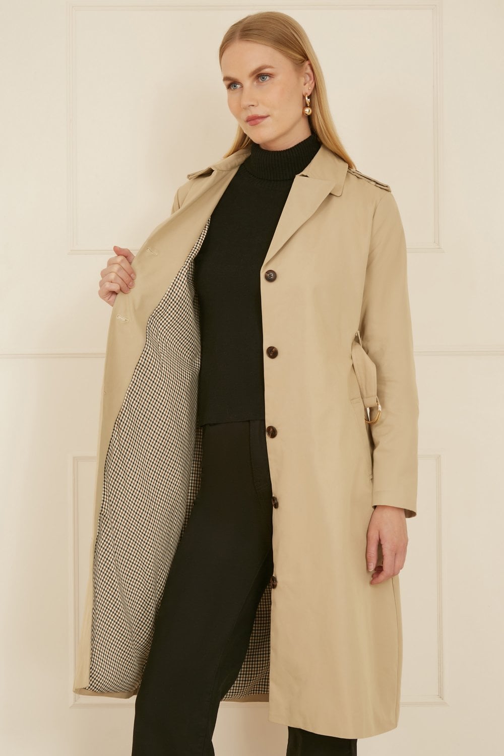 Yumi Beige Belted Long Trench Coat With Belt Yumi