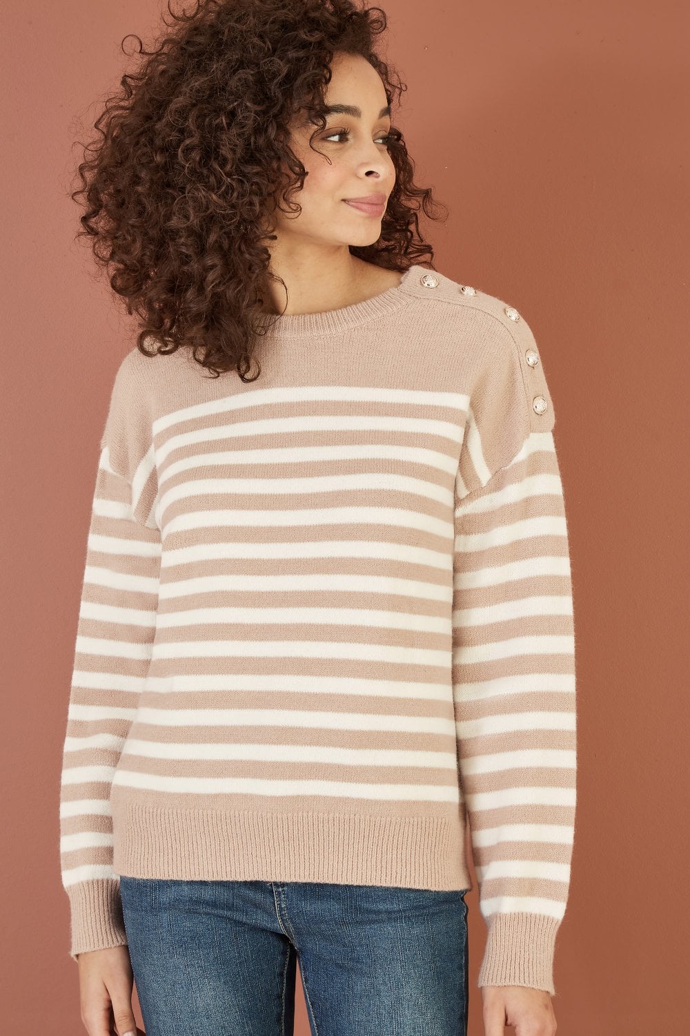 Yumi Beige Stripe Knitted Relaxed Jumper With Button Details Yumi