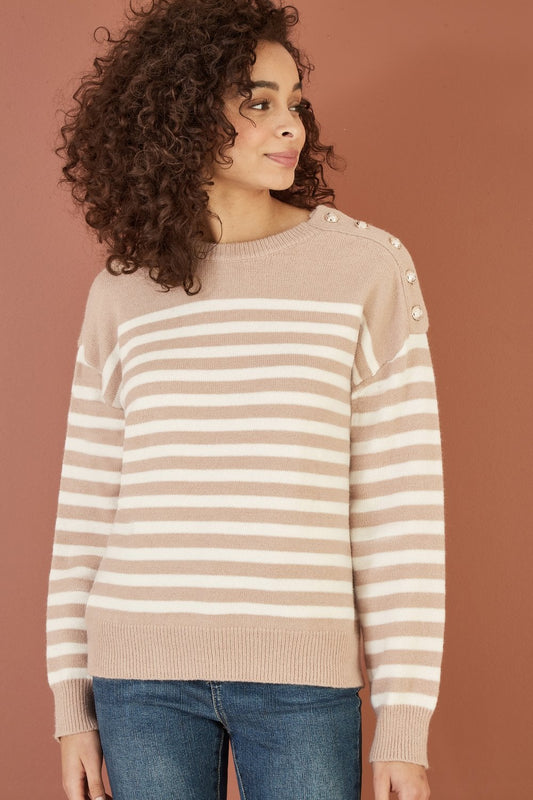 Yumi Beige Stripe Knitted Relaxed Jumper With Button Details Yumi