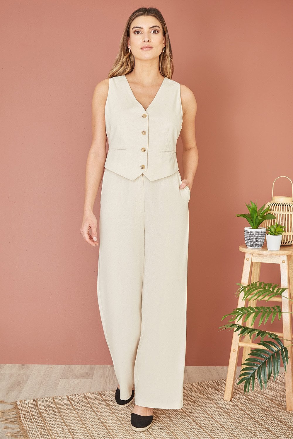 Yumi Beige Sustainable Cotton And Ramie Waist Coat Vest Yumi