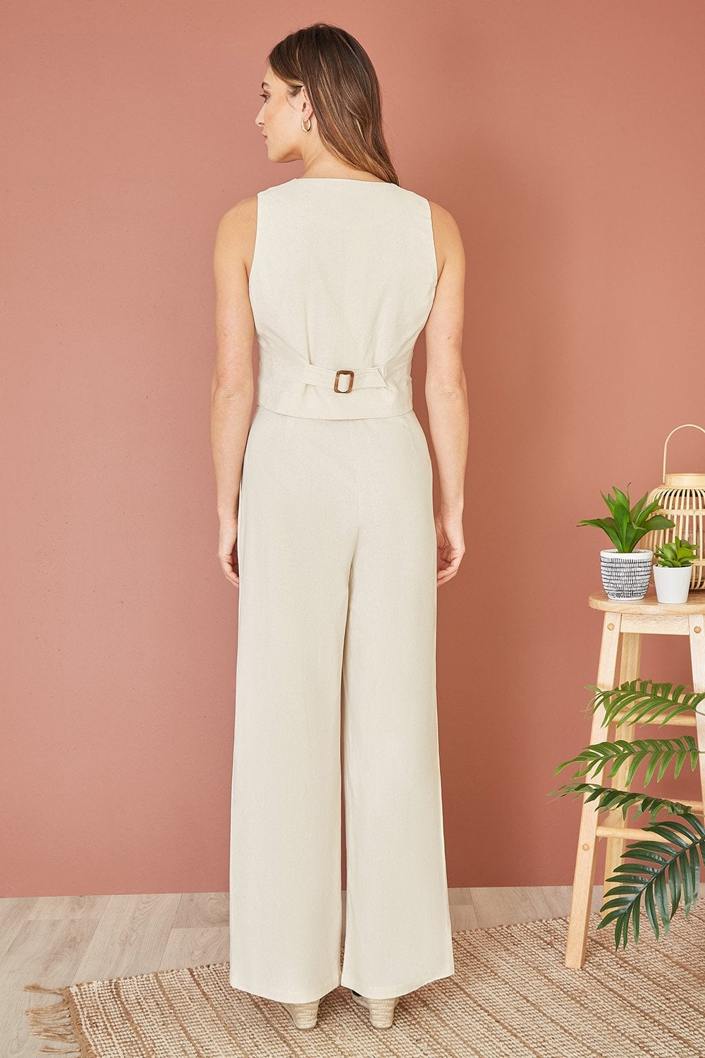 Yumi Beige Sustainable Cotton And Ramie Wide Leg Trousers Yumi