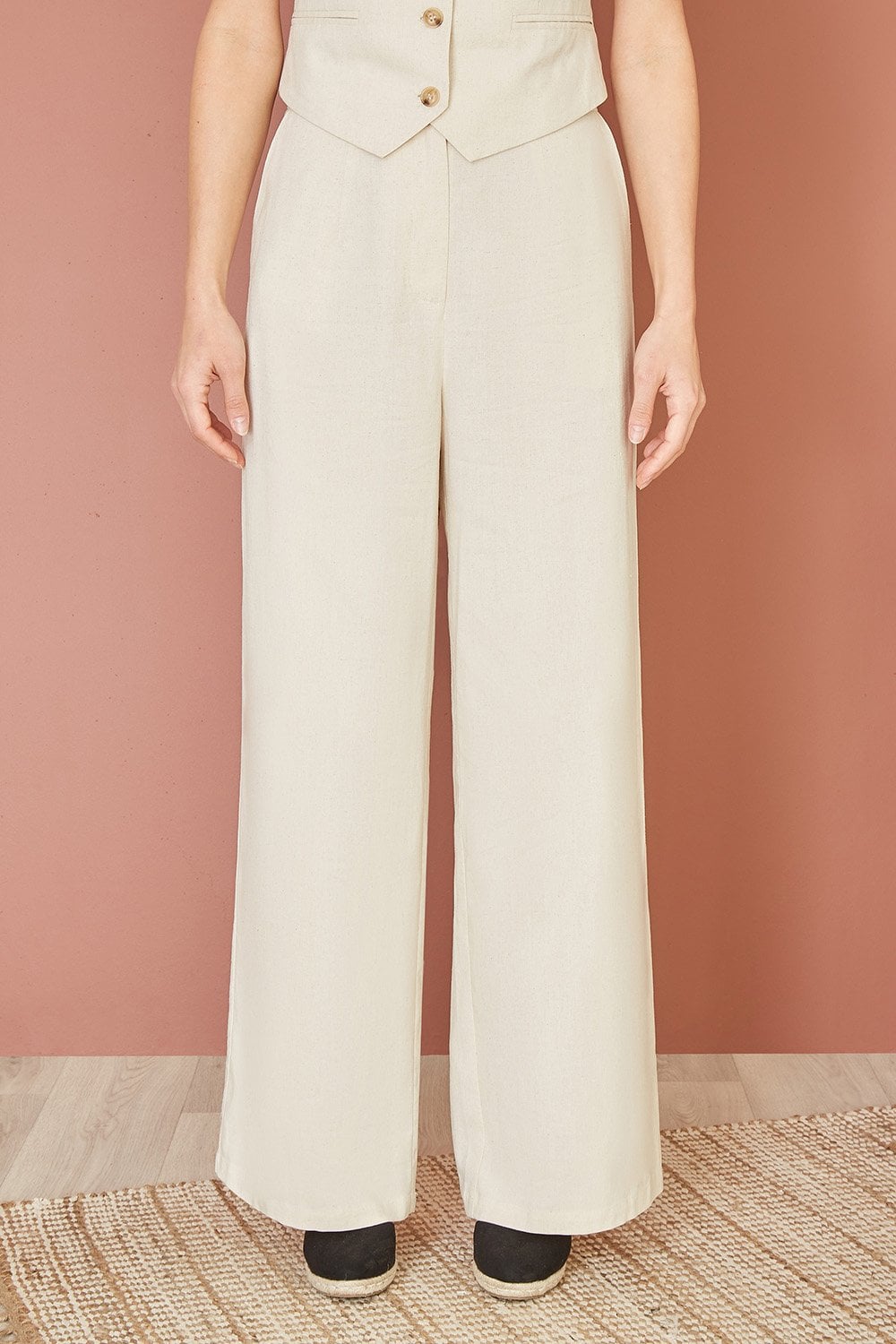 Yumi Beige Sustainable Cotton And Ramie Wide Leg Trousers Yumi