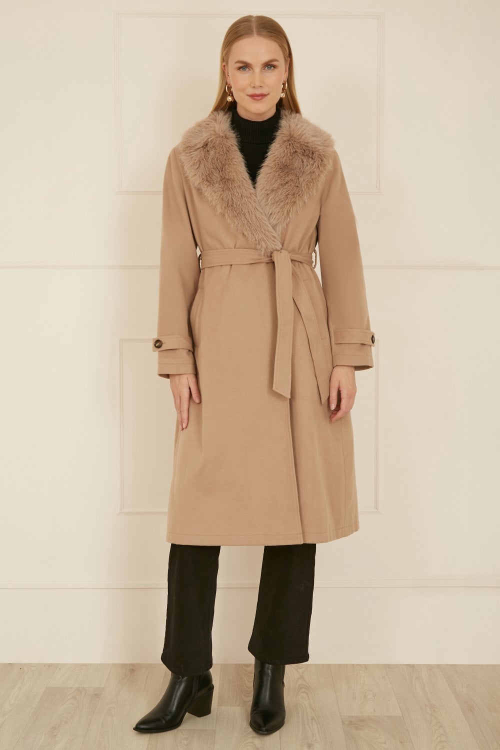 Yumi Beige Wrap Around Coat With Faux Fur Collar Yumi