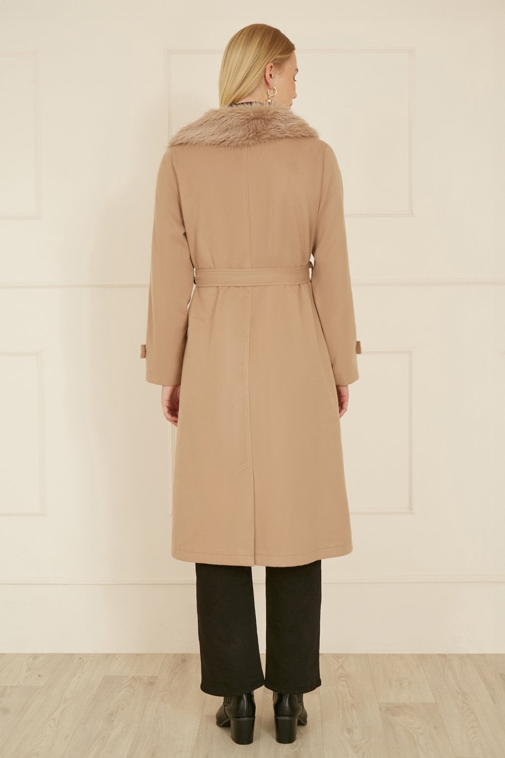 Yumi Beige Wrap Around Coat With Faux Fur Collar Yumi