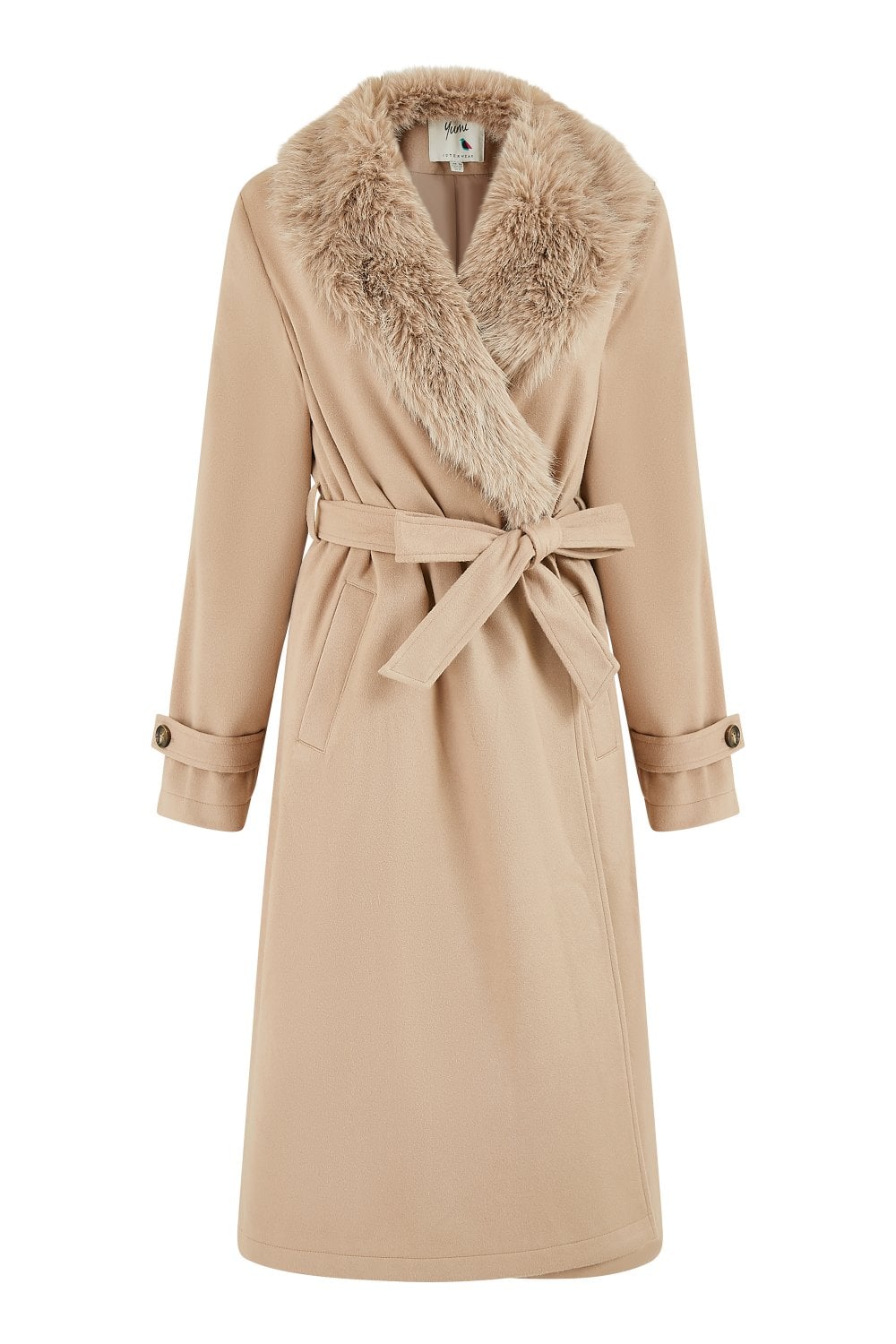 Yumi Beige Wrap Around Coat With Faux Fur Collar Yumi