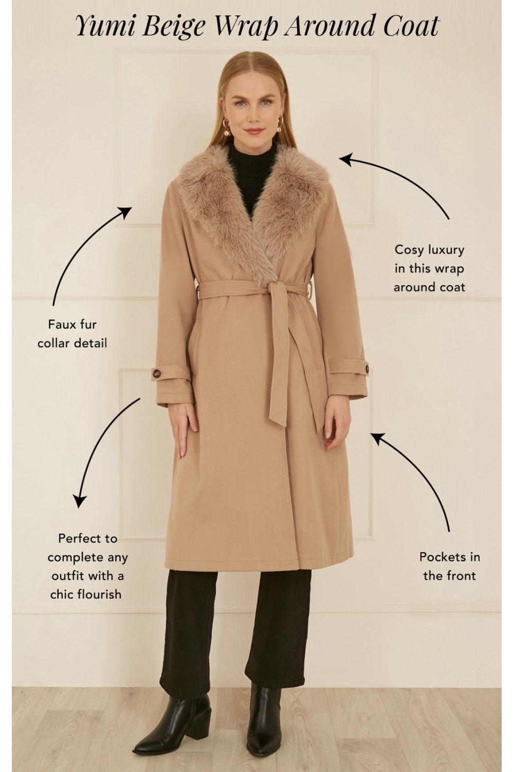 Yumi Beige Wrap Around Coat With Faux Fur Collar Yumi