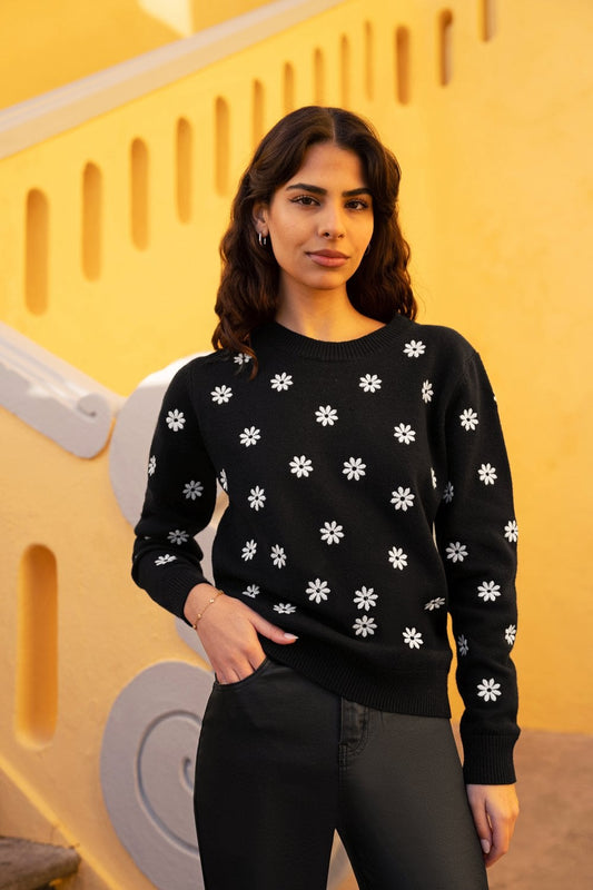 Yumi Black All Over Embroidered Daisy Knitted Jumper Yumi