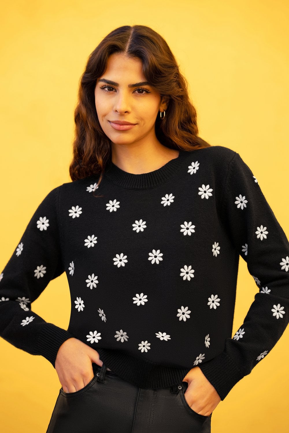 Yumi Black All Over Embroidered Daisy Knitted Jumper Yumi