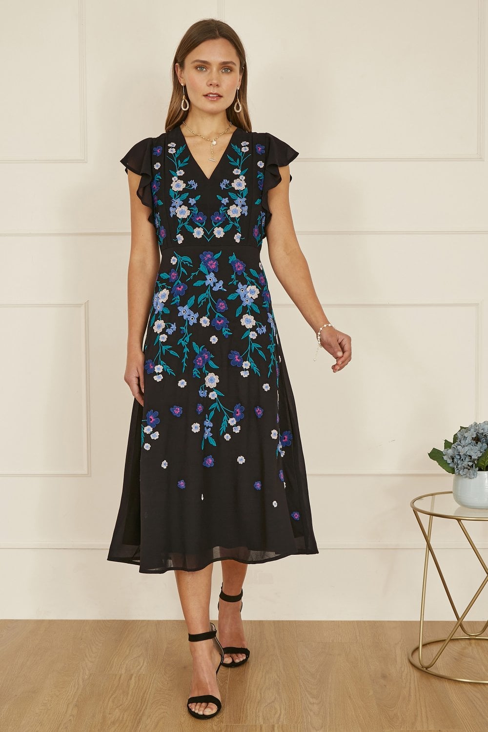 Yumi Black All Over Floral Embroidery Midi Skater Dress Yumi