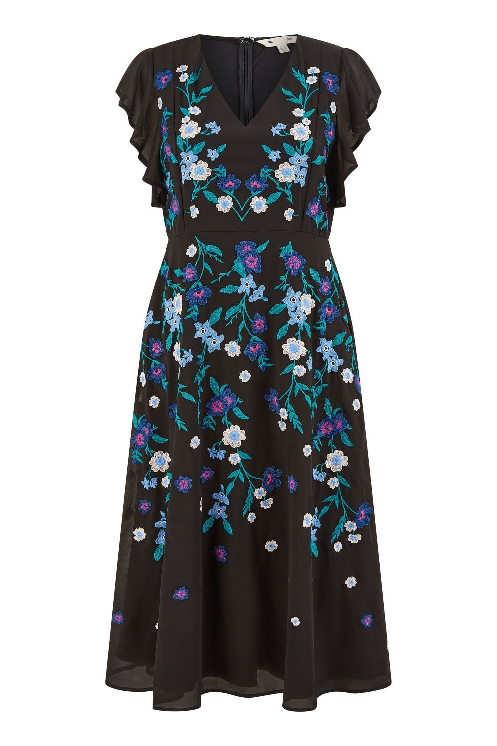 Yumi Black All Over Floral Embroidery Midi Skater Dress Yumi