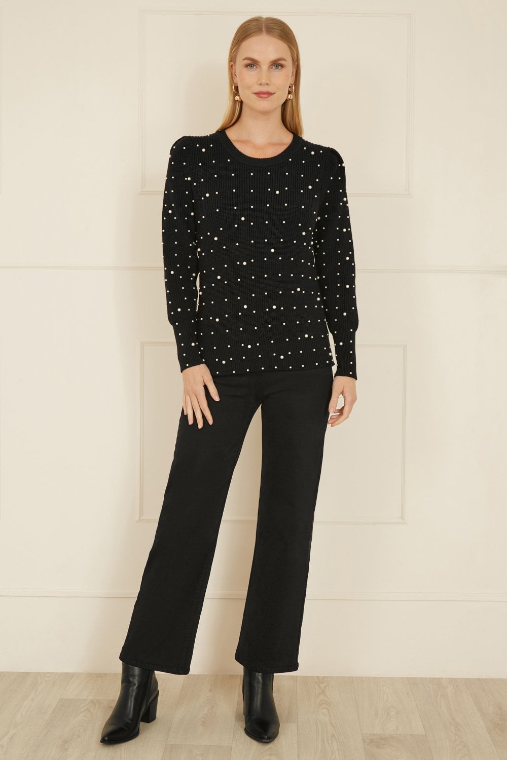 Yumi Black All Over Pearl Knitted Jumper Yumi