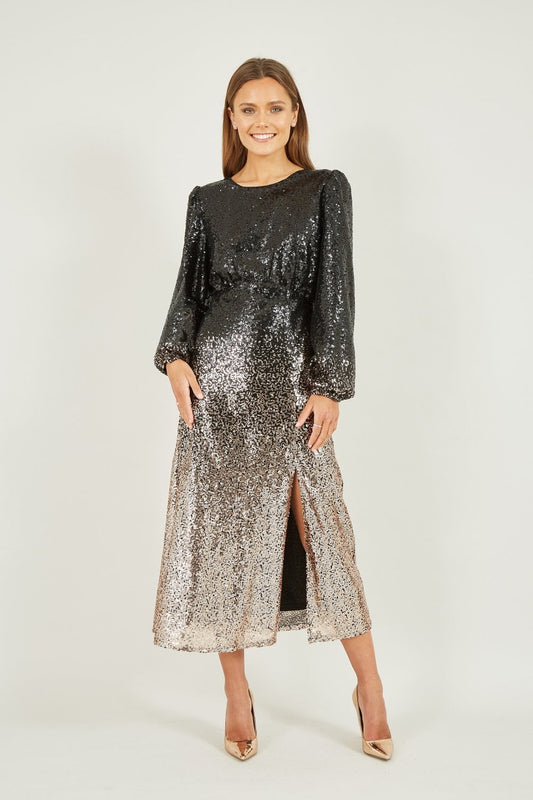 Yumi Black And Gold Sequin Ombre Long Sleeve Midi Dress Yumi