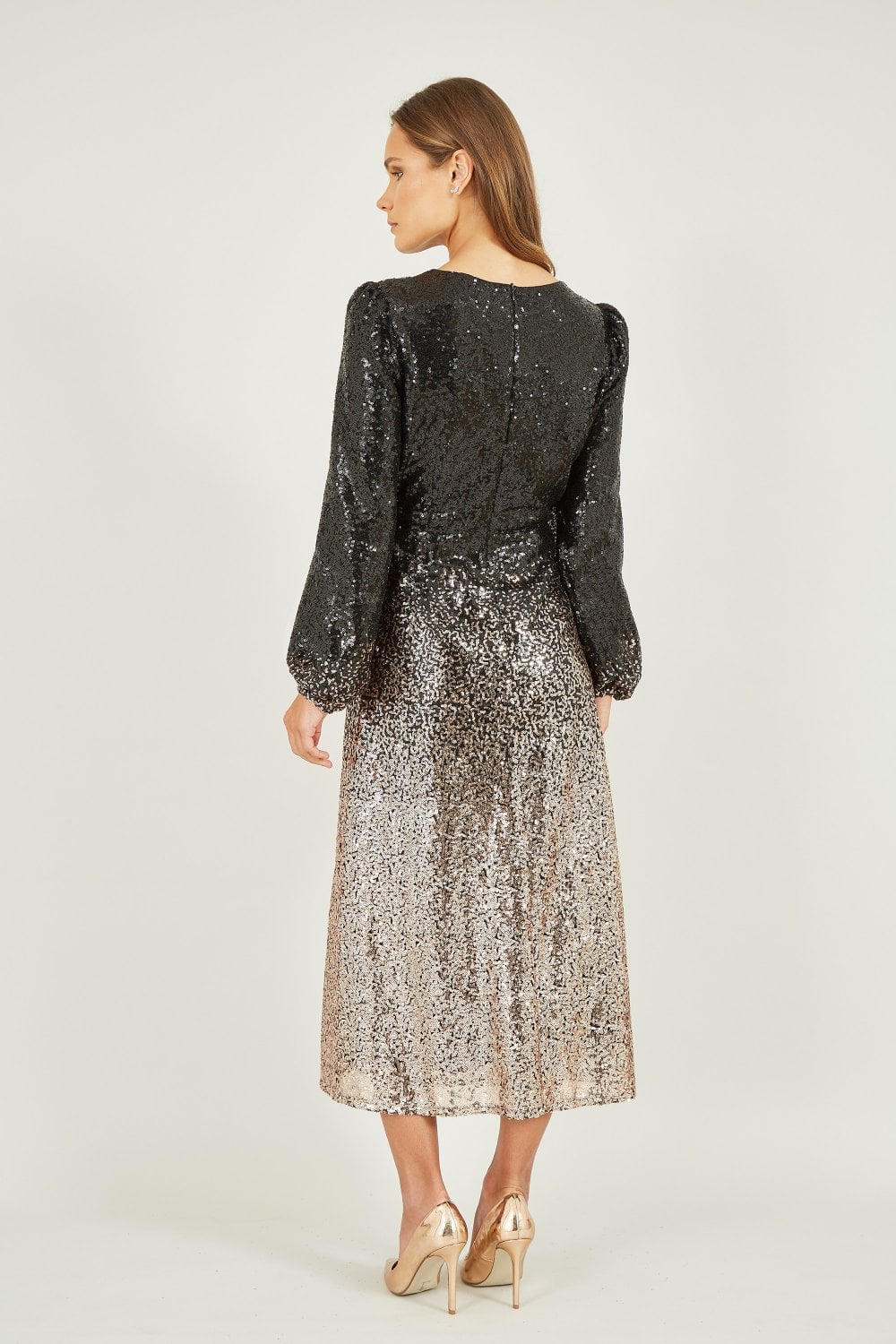 Yumi Black And Gold Sequin Ombre Long Sleeve Midi Dress Yumi