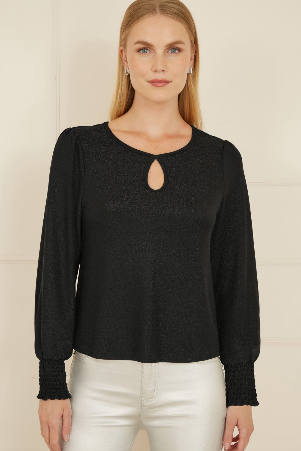 Yumi Black And Gold Sparkle Stretch Keyhole Neckline Top Yumi