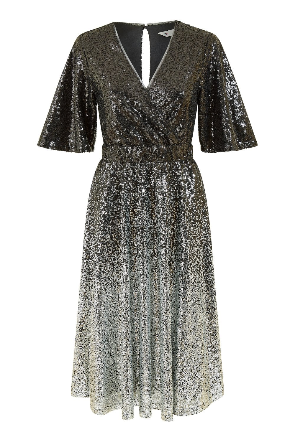 Yumi Black And Silver Ombre Sequin Midi Wrap Dress Yumi