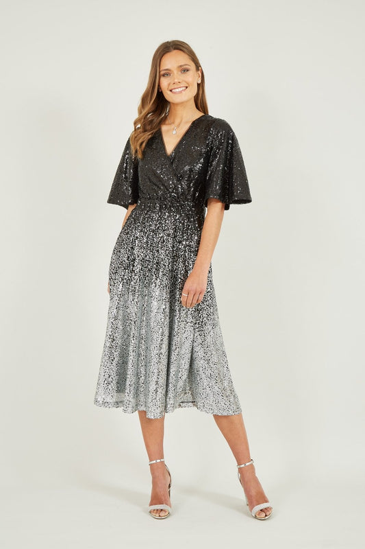 Yumi Black And Silver Ombre Sequin Midi Wrap Dress Yumi