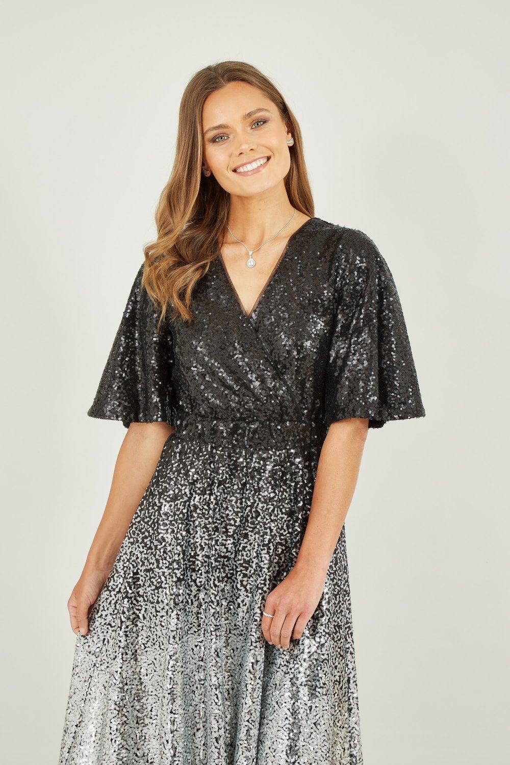 Yumi Black And Silver Ombre Sequin Midi Wrap Dress Yumi