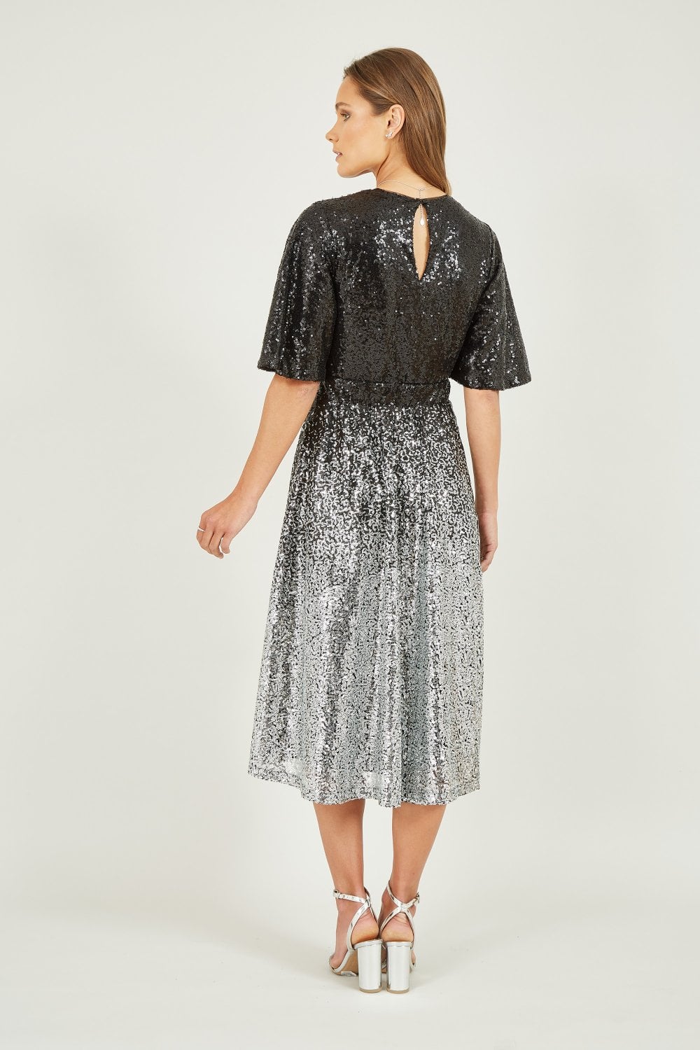 Yumi Black And Silver Ombre Sequin Midi Wrap Dress Yumi