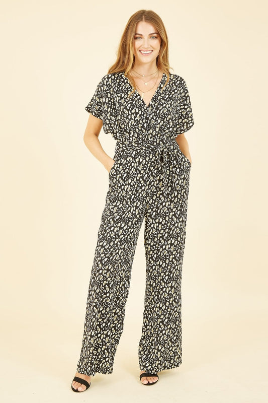 Yumi Black Animal Print Kimono Jumpsuit Yumi