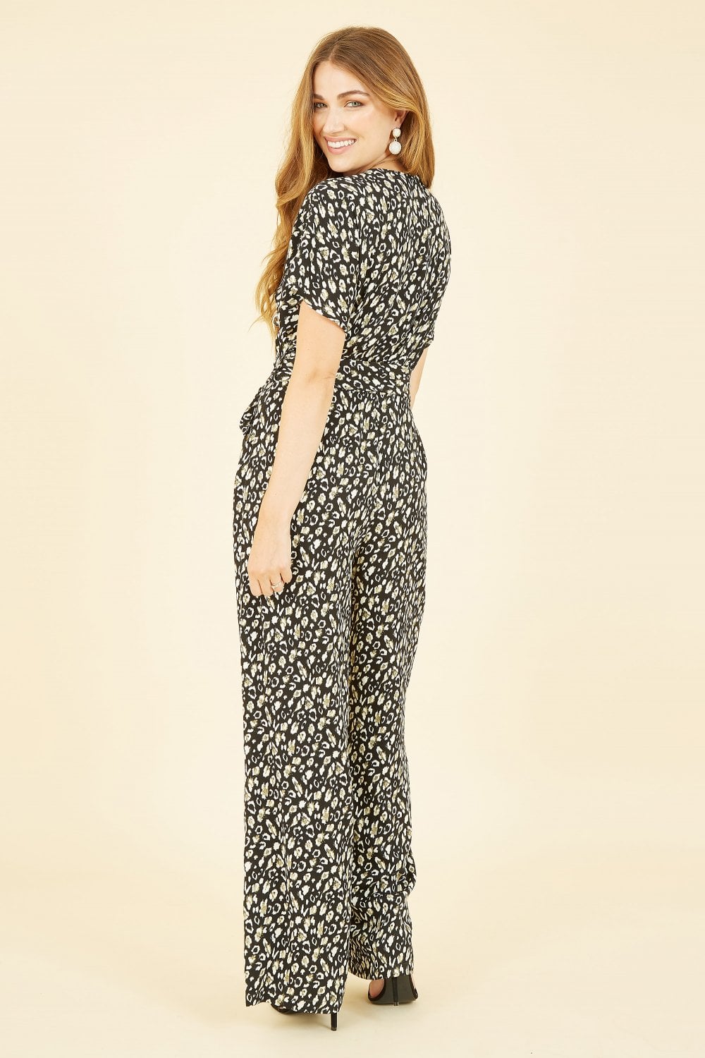 Yumi Black Animal Print Kimono Jumpsuit Yumi