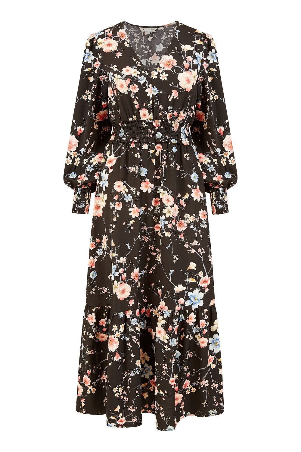 Yumi Black Blossom Floral Print Ruched Long Sleeves Midi Dress Yumi