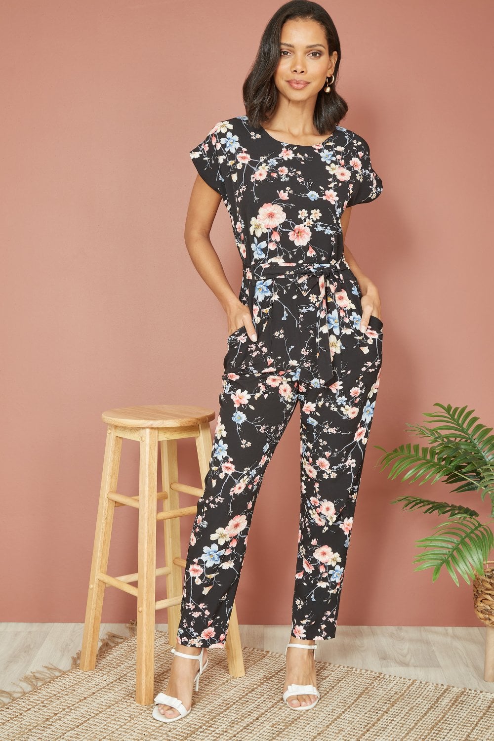 Yumi Black Blossom Print Jumpsuit Yumi